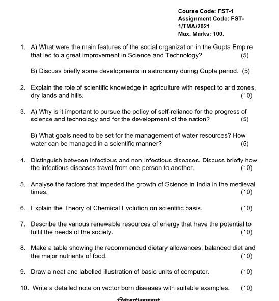 ignou assignment question paper fst 1