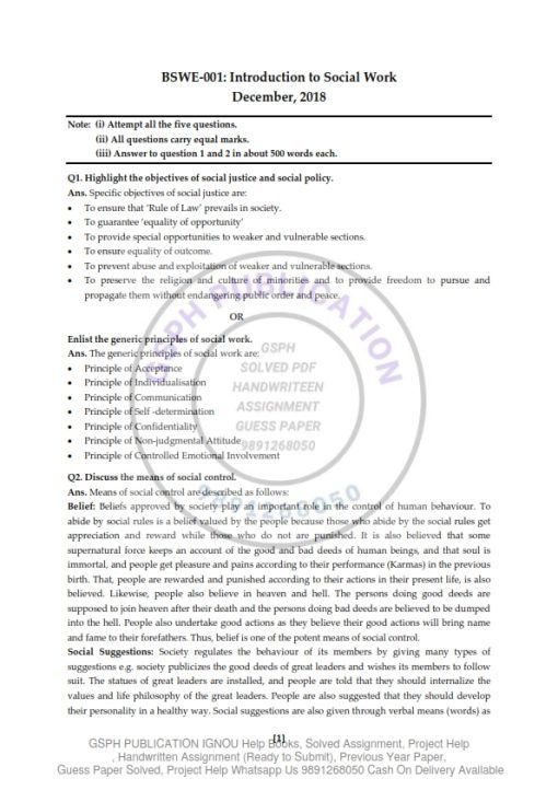 IGNOU BSW-1 Previous Year Solved Question Paper (Dec 2017,June Dec 2018) English Medium