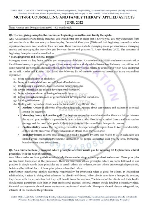 IGNOU MCFT-004 Previous Year Solved Question Paper (June 2022) English Medium