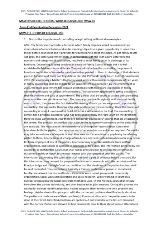 IGNOU MSW-016 Previous Year Solved Question Paper (Dec 2021) English Medium