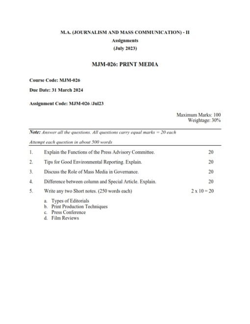 IGNOU MJM-26 Solved Assignment July 2023 English Medium