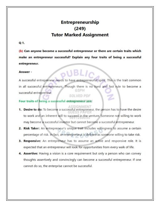 NIOS 249 (ENTREPRENEURSHIP) Solved Assignment 2023-24 English Medium