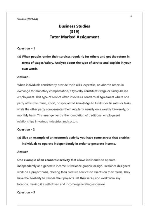 NIOS 319 (Business Studies) Solved Assignment 2023-24 Enlish Medium