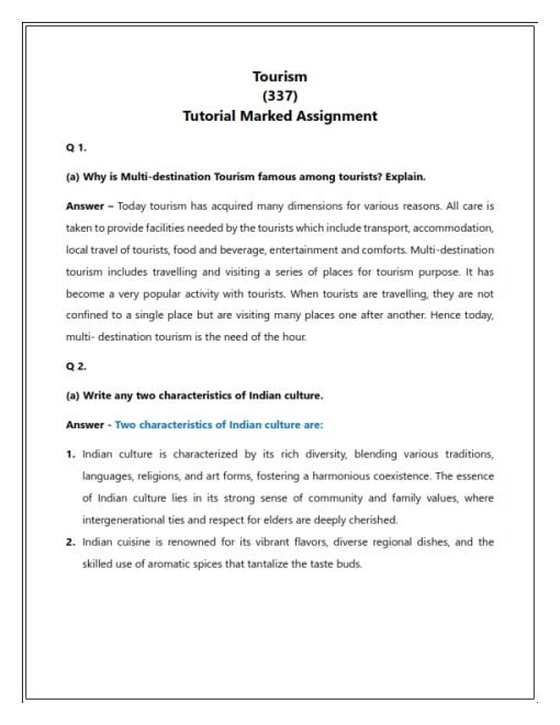 NIOS 337 (Tourism) Solved Assignment 2023-24 Enlish Medium