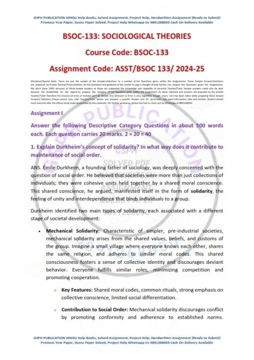 IGNOU BSOC-133 Solved Assignment 2024-25 English Medium